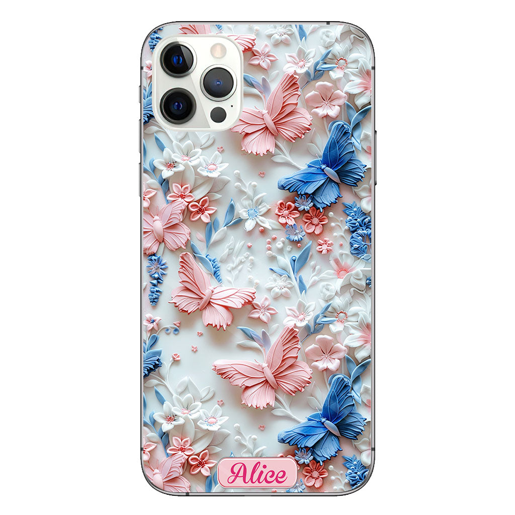 Rosa und blaue Schmetterlinge – Personalisierte transparente Schmetterlings-Handyhülle