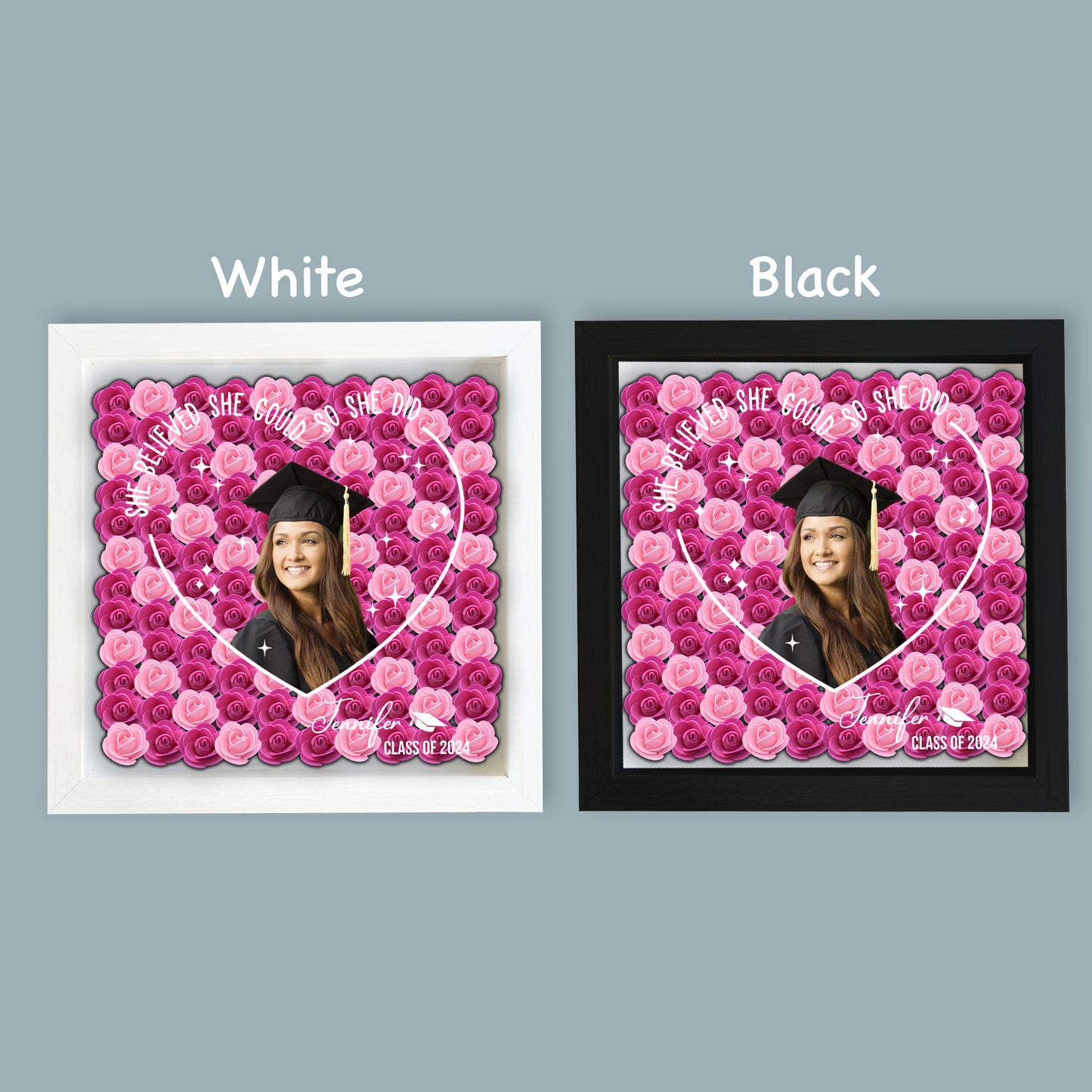 Sie glaubten daran, dass sie es schaffen konnten, und sie schafften es – personalisierte Abschluss-Schattenbox in individueller Blumenform