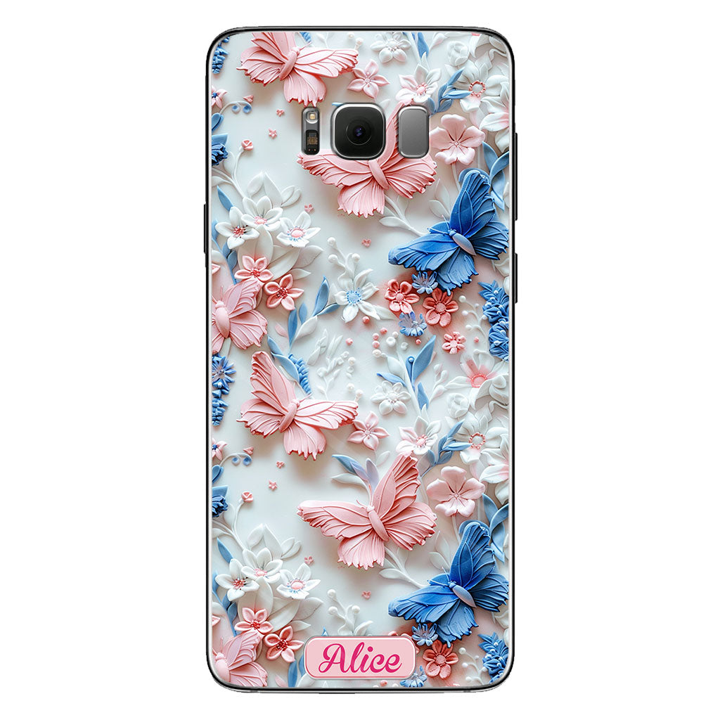 Rosa und blaue Schmetterlinge – Personalisierte transparente Schmetterlings-Handyhülle