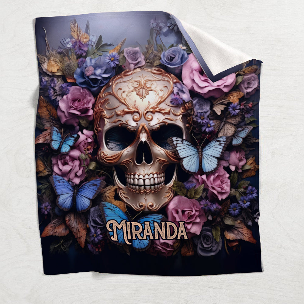Beauty Of The Dark Skull Roses Butterflies - Personalized Skull Blanket