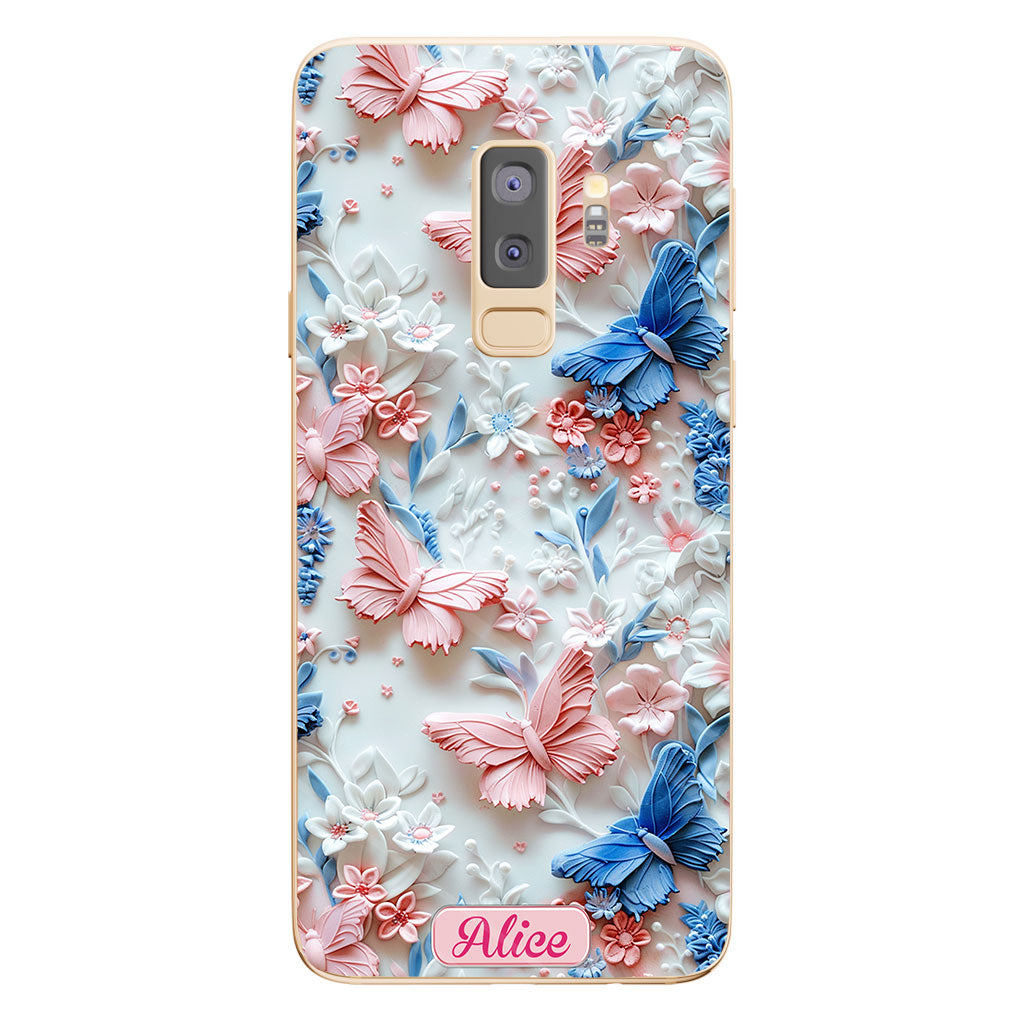 Rosa und blaue Schmetterlinge – Personalisierte transparente Schmetterlings-Handyhülle