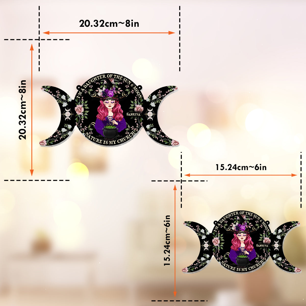 Ich bin eine Tochter von Sonne und Mond, die Natur ist meine Kirche – Personalisierter Hexen-Fensterhänger-Sonnenfänger