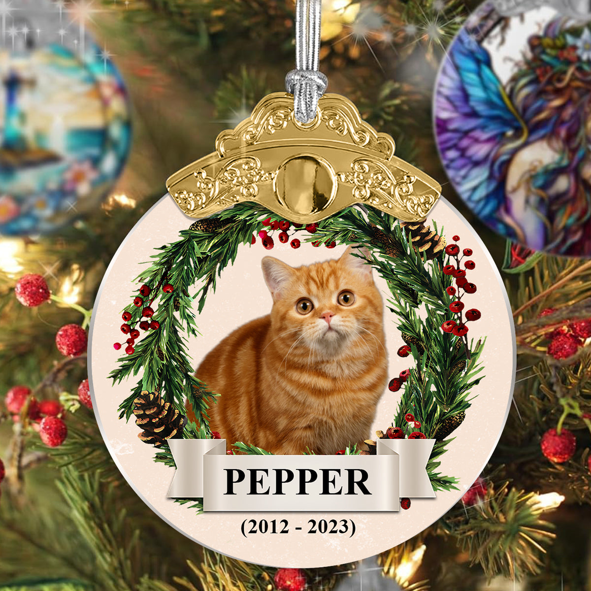Personalisiertes Foto eines liebenswerten Haustiergesichts – Vintage-Katzenornament