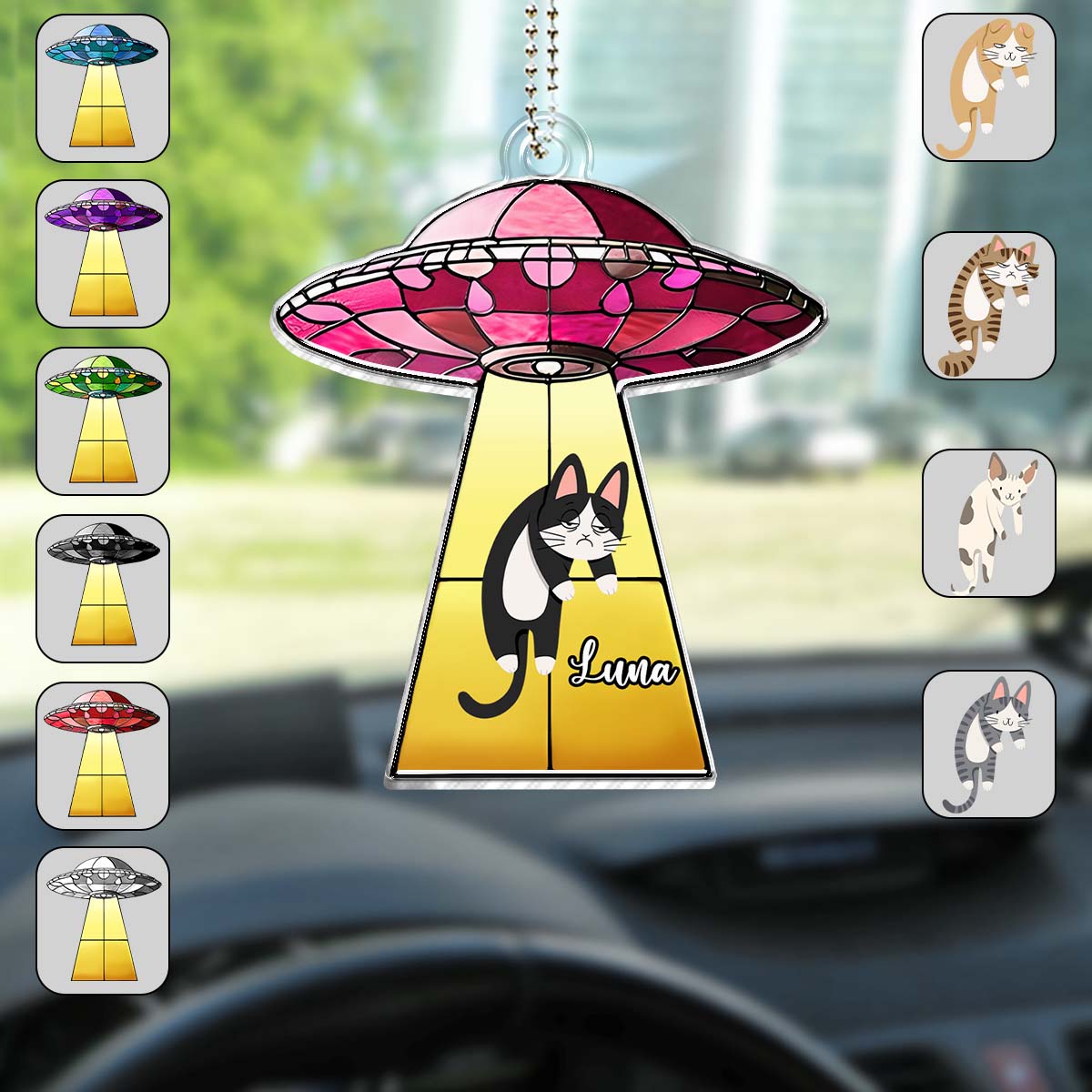 UFO mit Katze – Personalisierter Autoanhänger in Katzenform