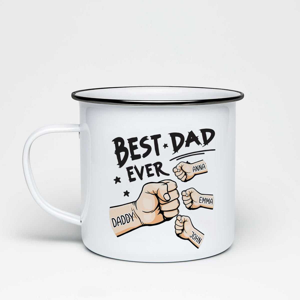 „Bester Papa aller Zeiten“-Faustgruß – personalisierte Emaille-Tasse für Väter
