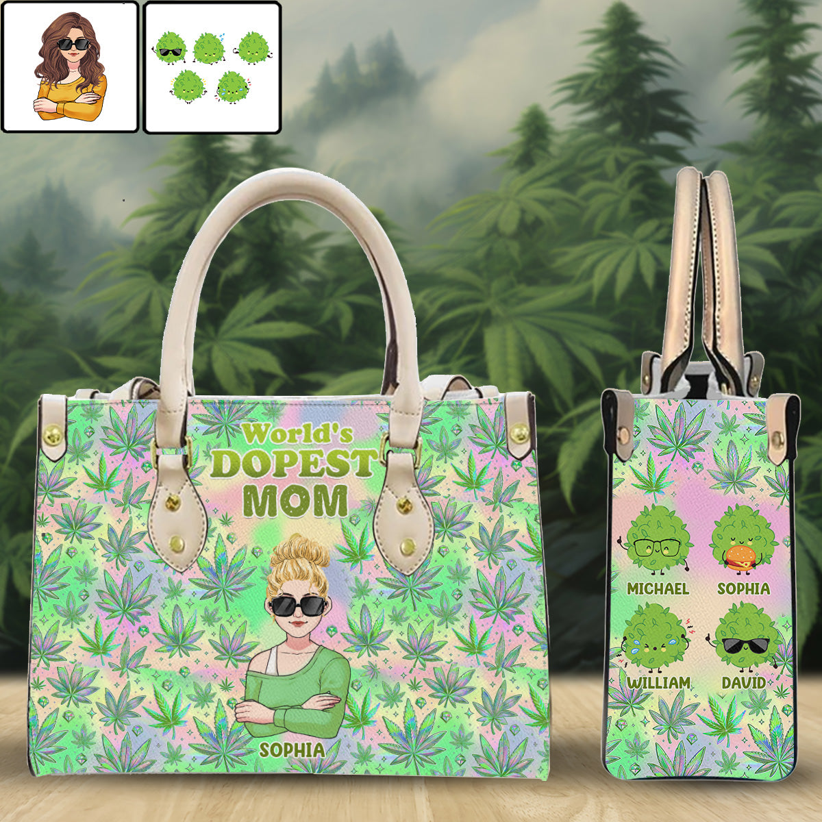 „Mommy's Little Buds Dopest Mom Ever Any Title“ – personalisierte Lederhandtasche mit Weed-Motiv
