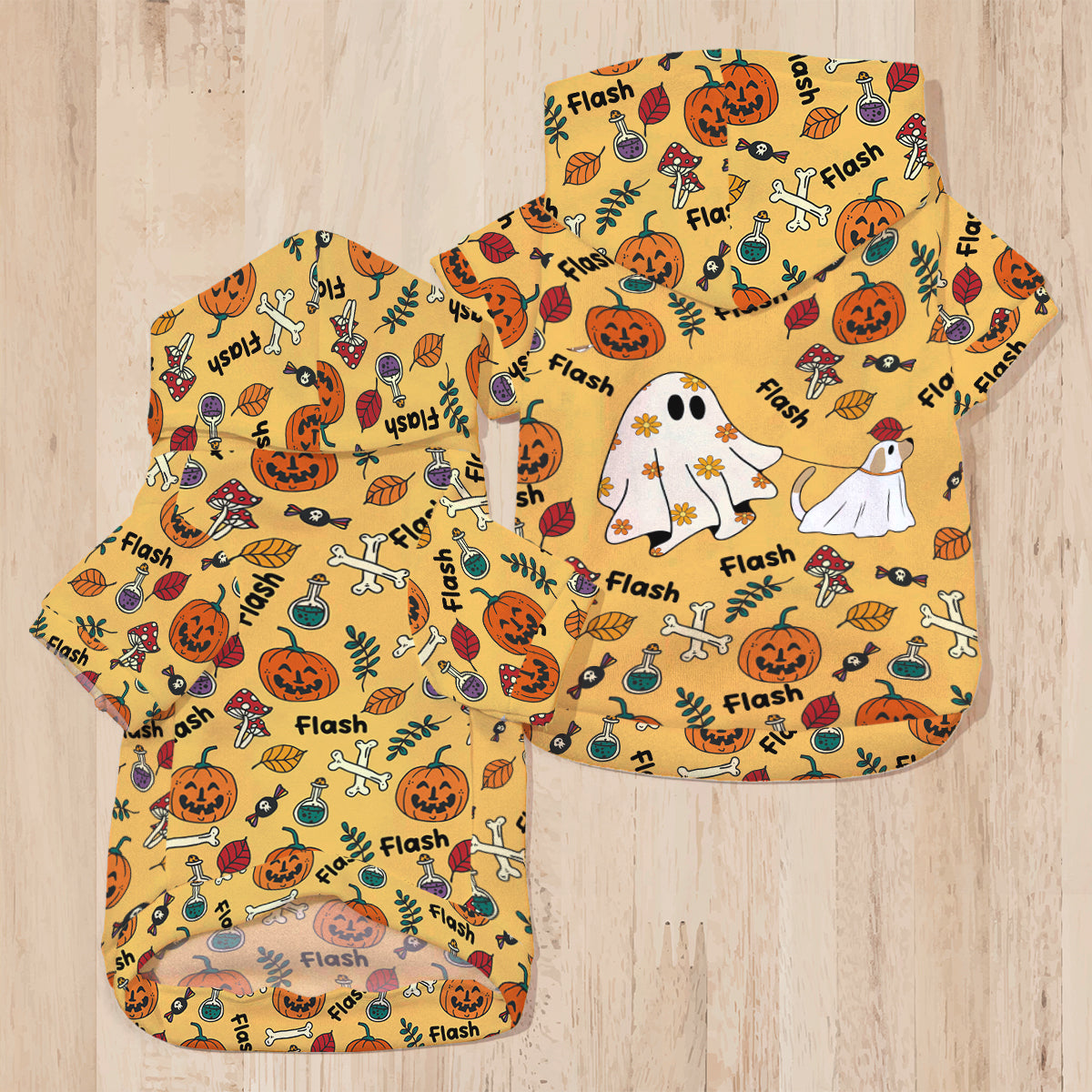 Niedlicher Geisterhund, Kürbisgeist & Fledermaus - Personalisierter Hunde-Hoodie