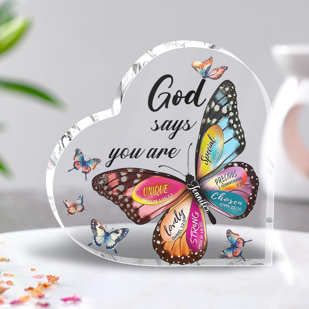 Gott sagt, du bist es – Personalisierte Acrylplakette in Schmetterlingsform
