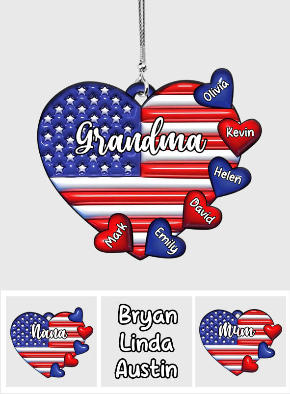Grandma & Grandkids Puff Heart Flag - Personalized Grandma Car Ornament