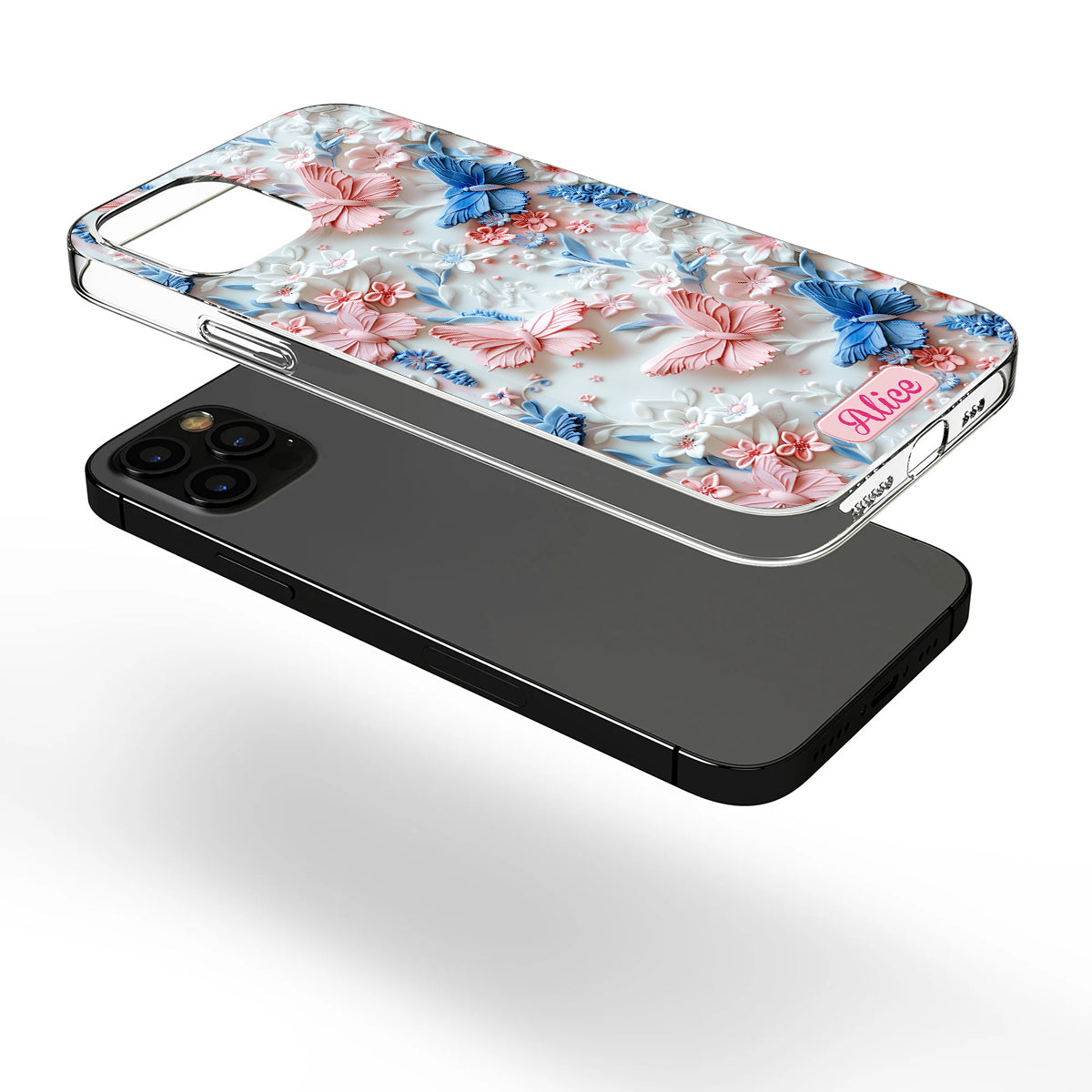 Rosa und blaue Schmetterlinge – Personalisierte transparente Schmetterlings-Handyhülle
