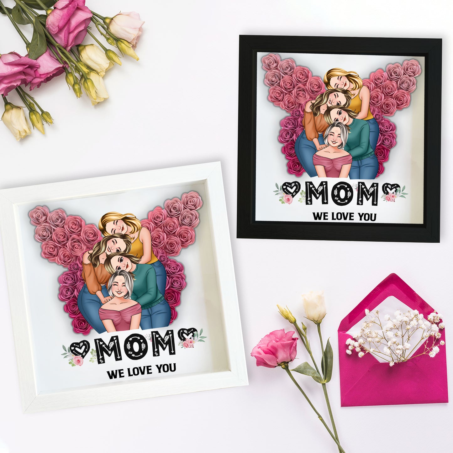 Mama, wir lieben dich, Schmetterling – personalisierte Mutter-Schattenbox in individueller Blumenform