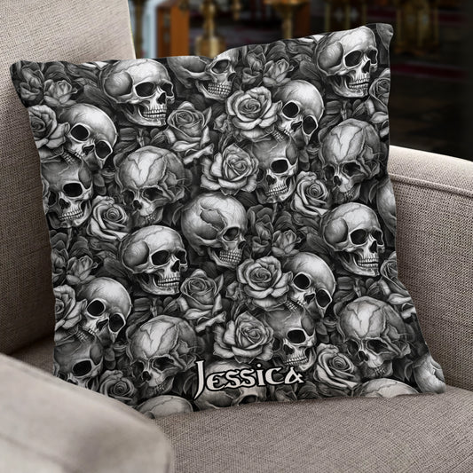 Skull Roses Black And White - Personalized Skull Throw Pillow