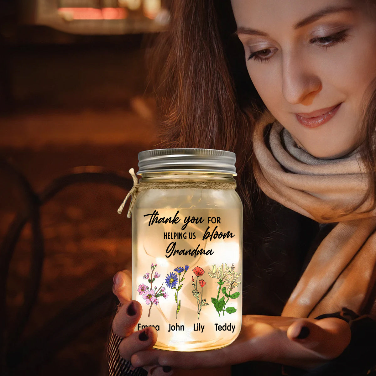 Danke, dass Sie uns beim Erblühen geholfen haben – Personalisierte Oma-Einmachglas-Lampe