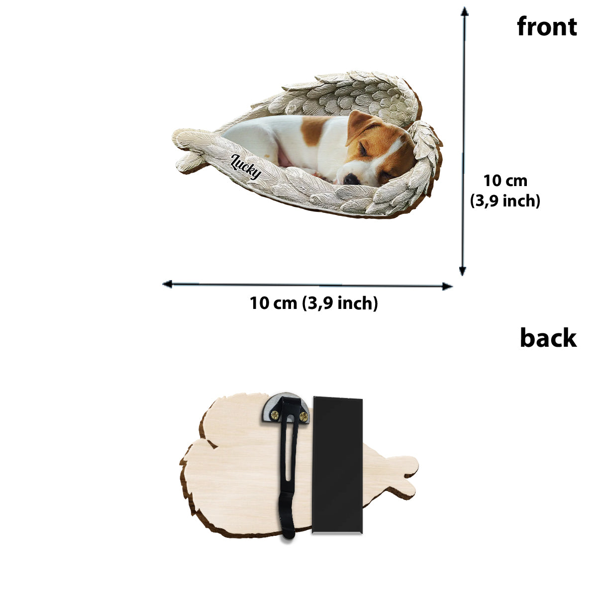 Schlafendes Haustier unter Engelsflügeln – Personalisierter Auto-Sonnenblendenclip in Hundeform