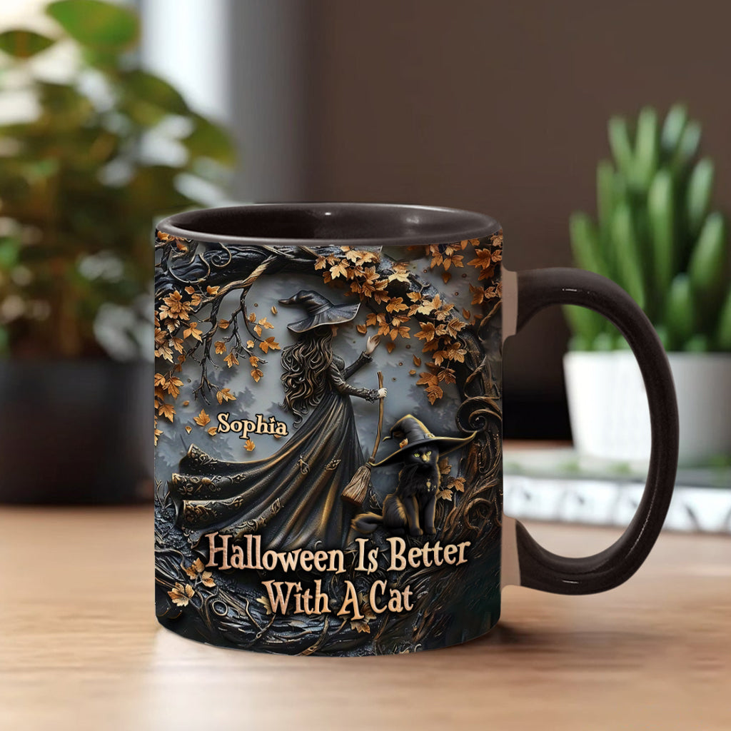 Halloween Is Better With A Cat - Personalized Black Cat Accent Mug