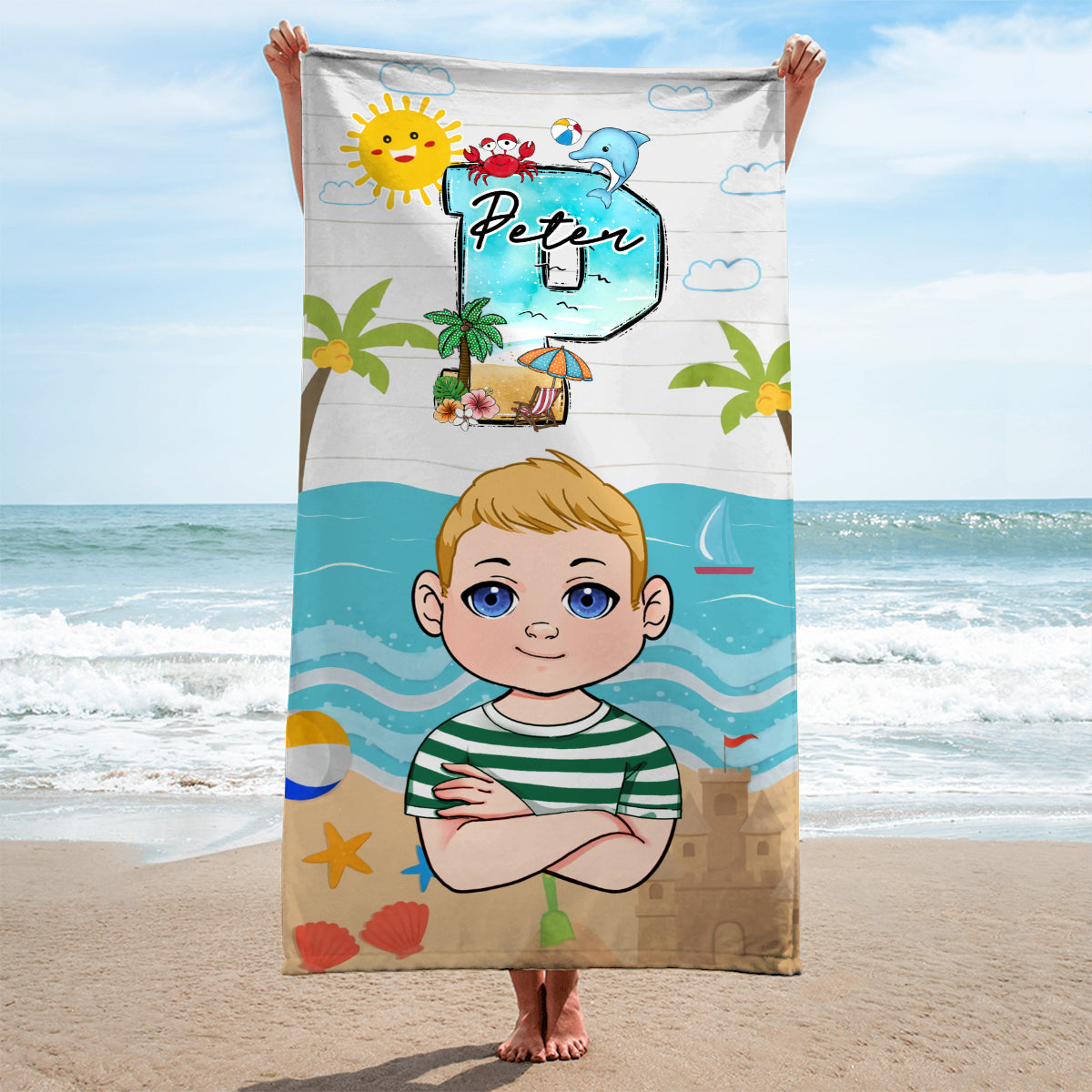 Kind am Strand – personalisiertes Strandtuch für Kinder