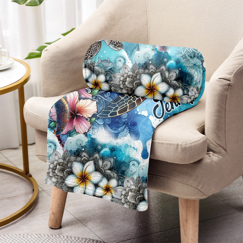 Sea Turtle Mandala Tropical Flower - Personalized Turtle Blanket