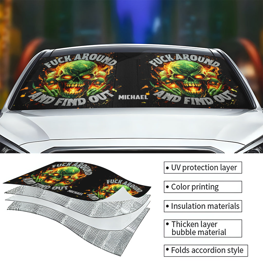 F Around And Find Out Green Fire - Personalisierte Totenkopf-Auto-Sonnenblende