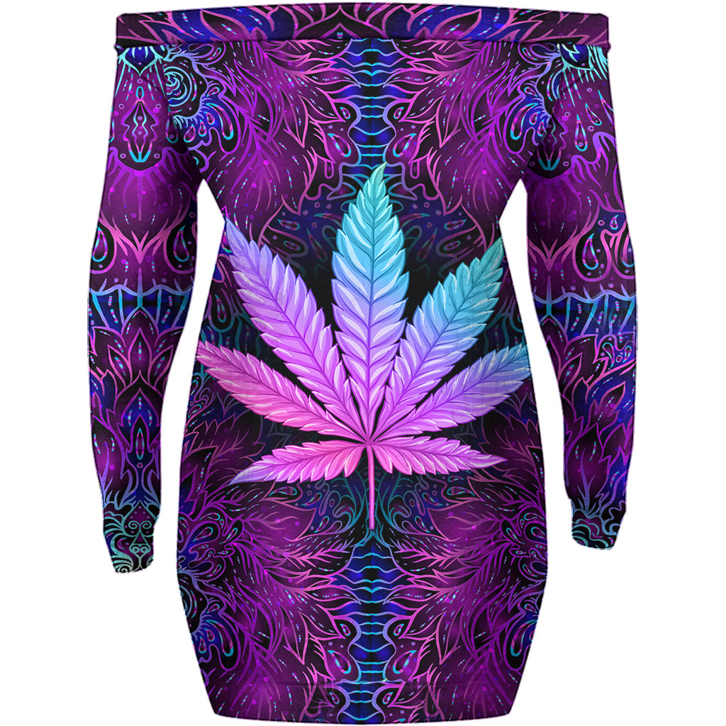 Ein bisschen high – personalisiertes schulterfreies Langarmkleid mit Weed-Motiv