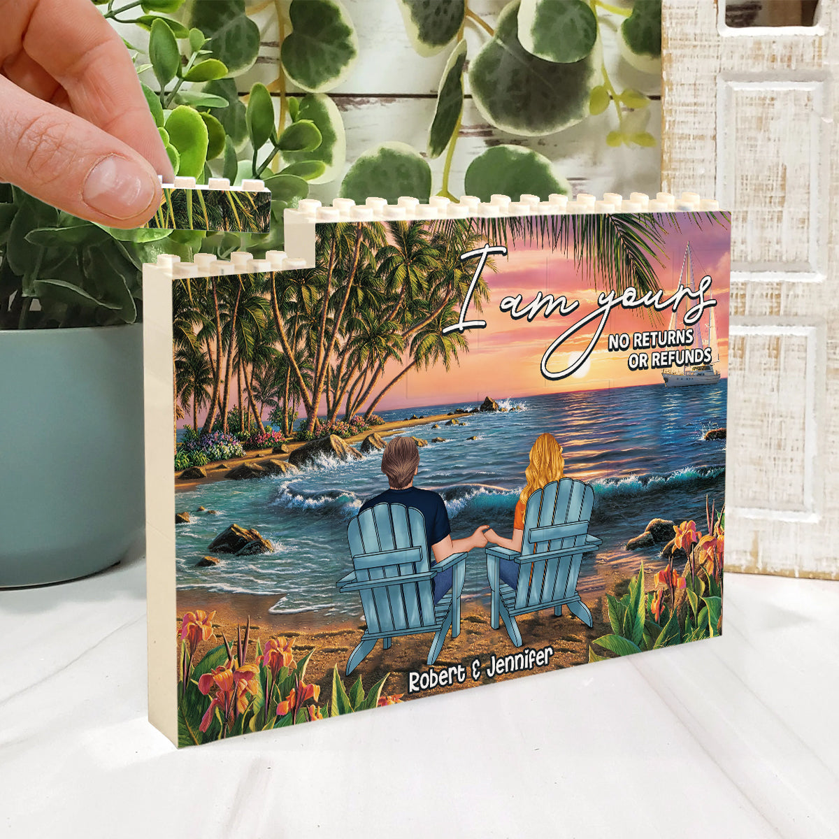 Paar-Strandlandschaft in tropischer Form - Personalisierte einseitige horizontale rechteckige Bausteine ​​für Paare