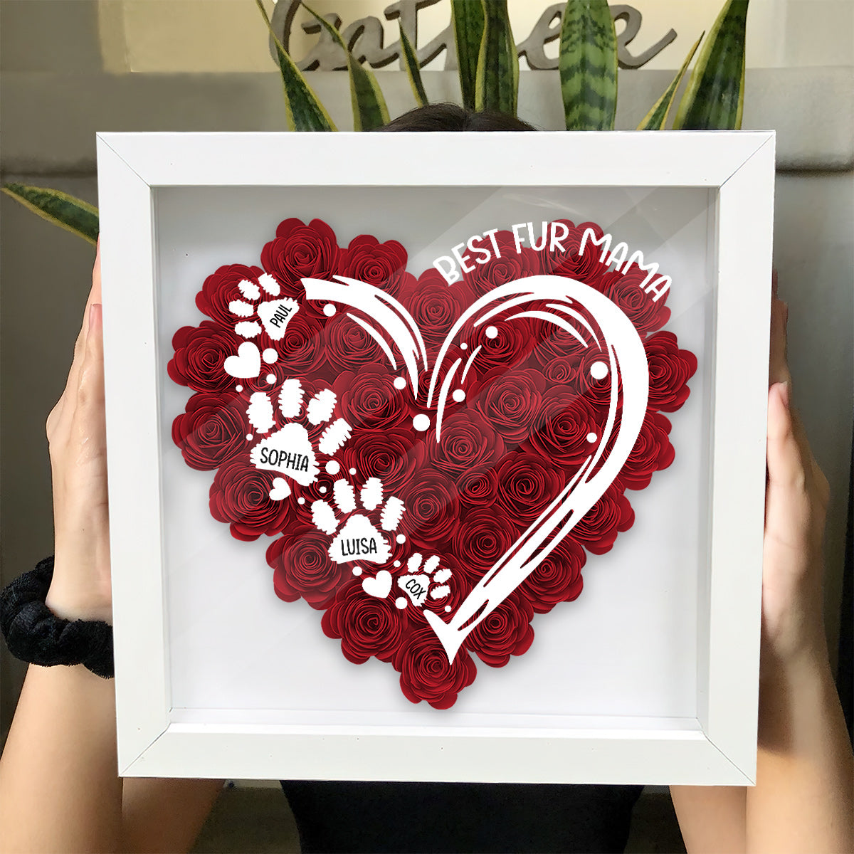 Die beste Hundemama aller Zeiten – Personalisierte Hunde-Blumen-Schattenbox