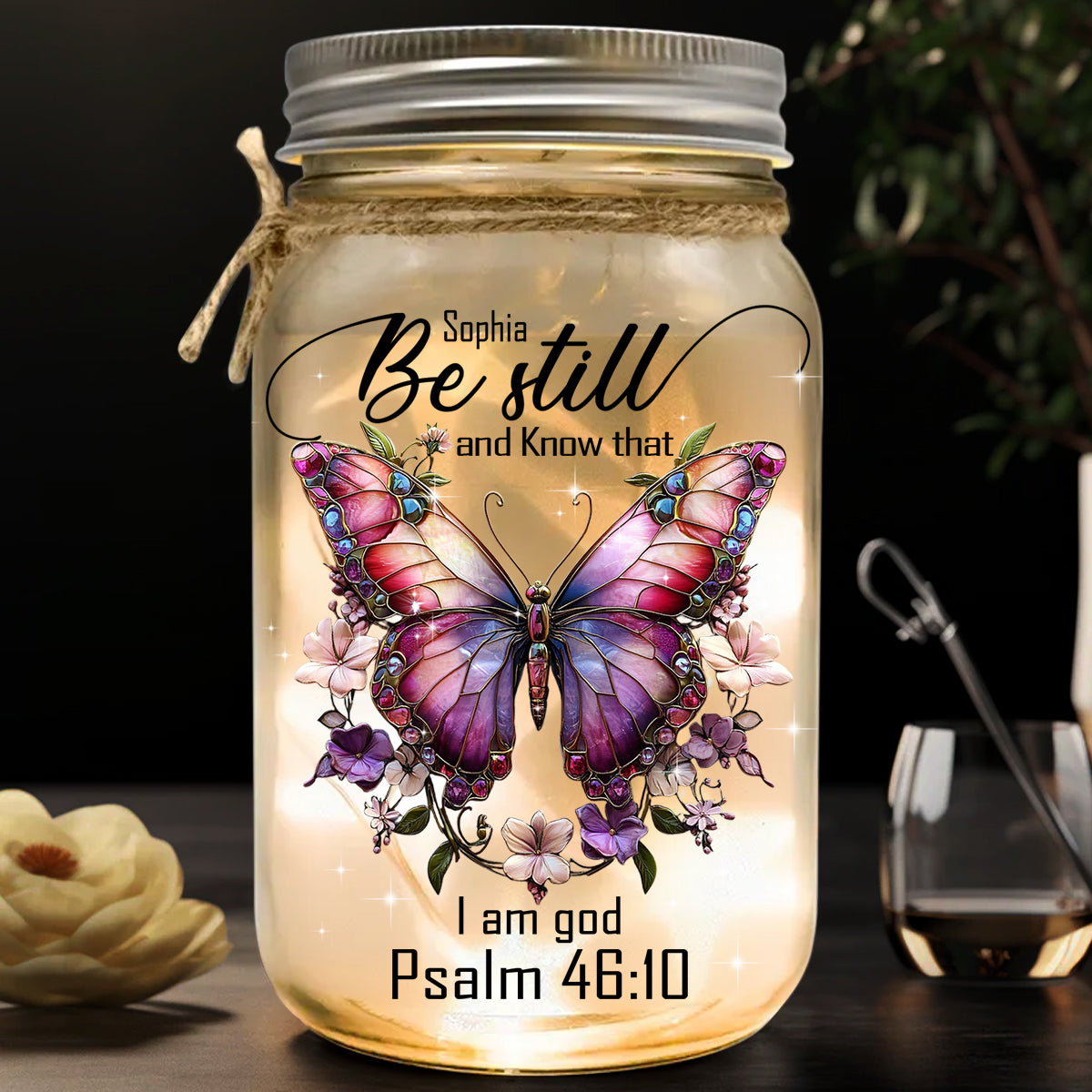 Be Still and Know - Personalized Butterfly Mason Jar Light