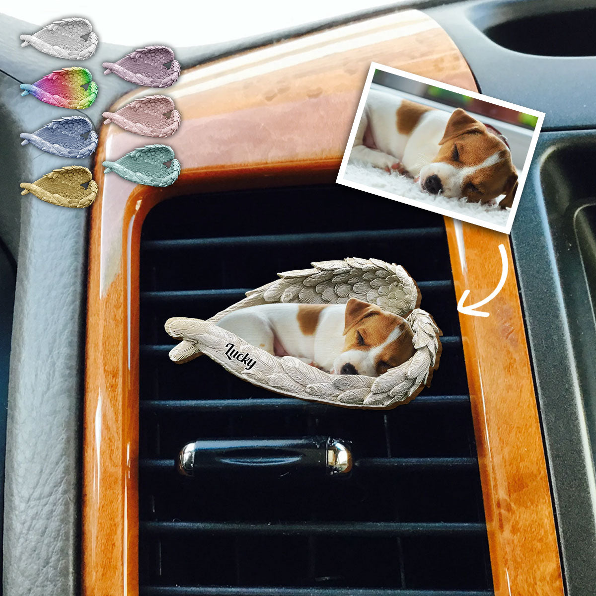 Schlafendes Haustier unter Engelsflügeln – Personalisierter Auto-Sonnenblendenclip in Hundeform
