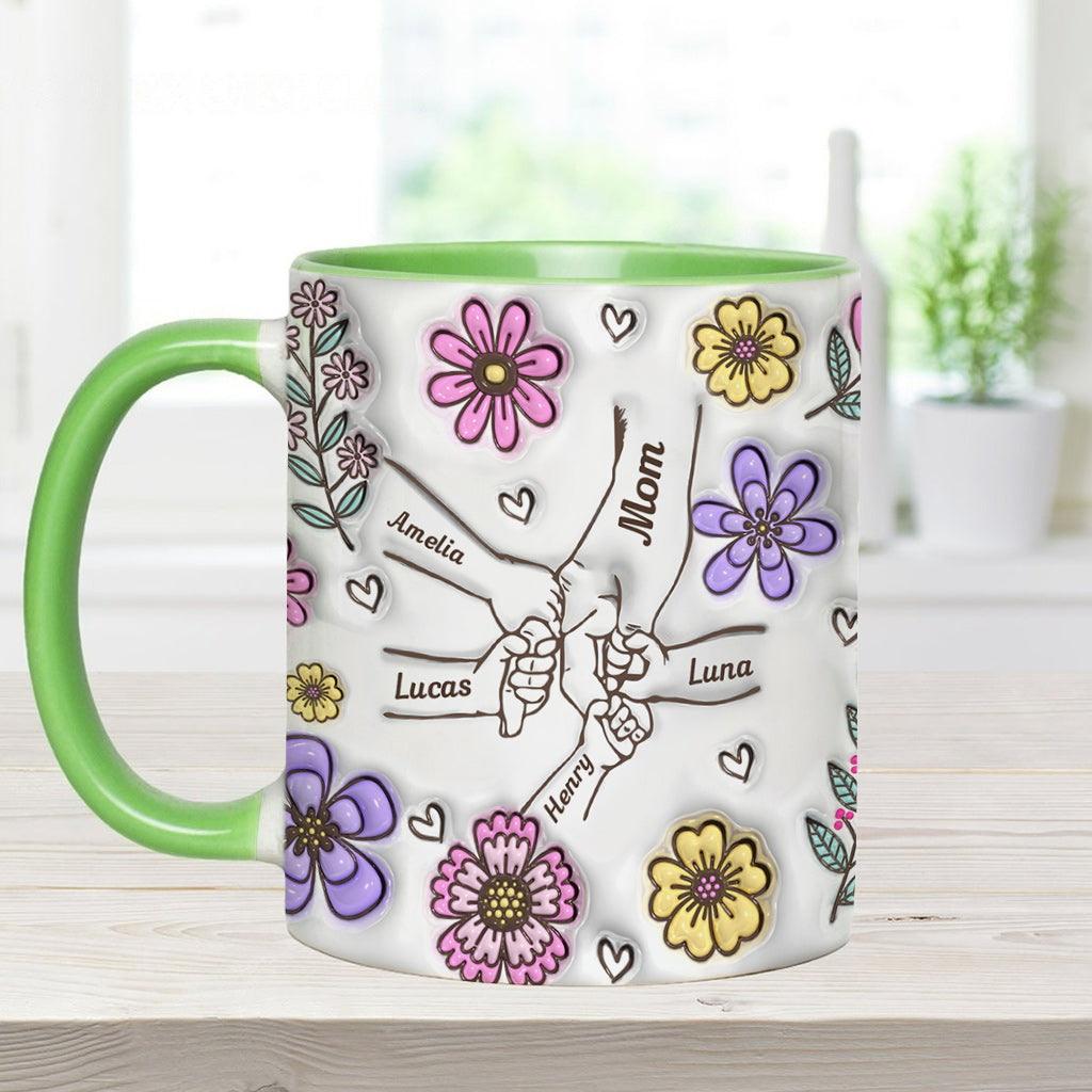 Personalisierte Tasse mit rosa Blume und Händchen für Oma und Mama – Mutter-Akzent