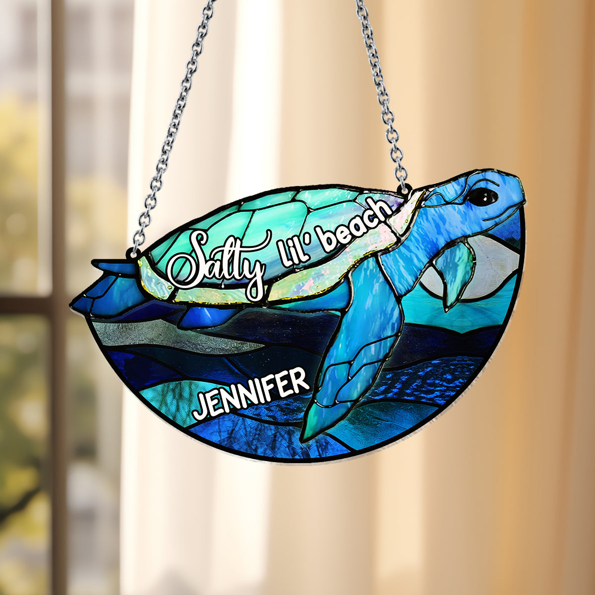 Salty Lil' Beach Blue Ocean Summer Vibes - Personalisierter Schildkröten-Fensterhänger als Sonnenfänger 