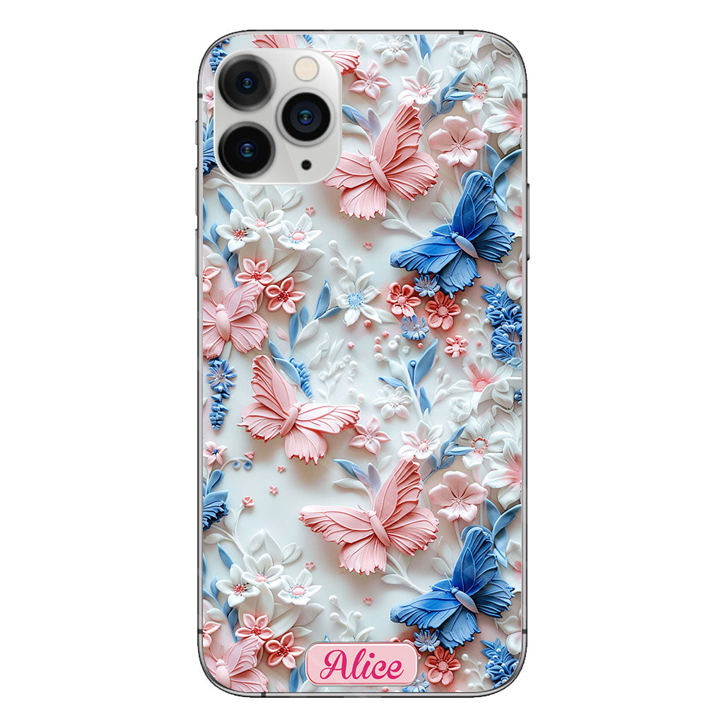 Rosa und blaue Schmetterlinge – Personalisierte transparente Schmetterlings-Handyhülle