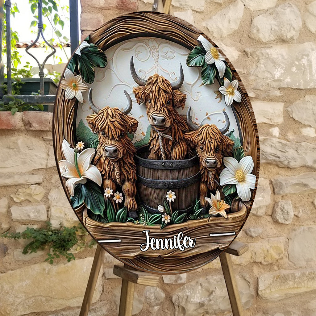Liebe Hochlandrinder - Personalisiertes rundes Holzschild