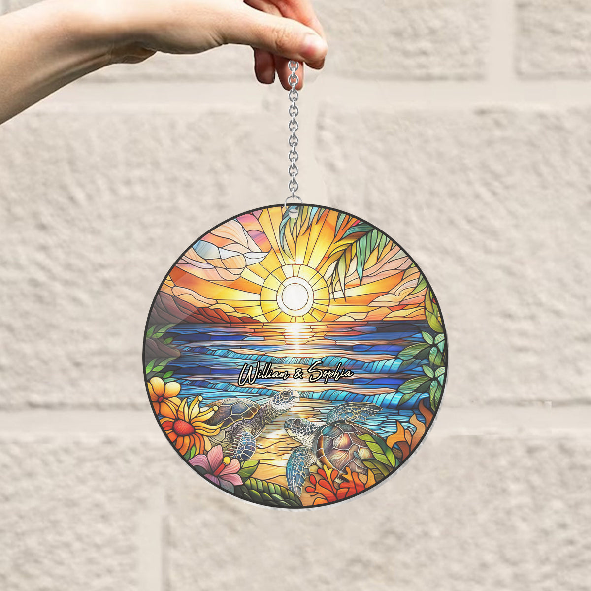 Romantic Sunset - Personalized Turtle Window Hanging Suncatcher Ornament