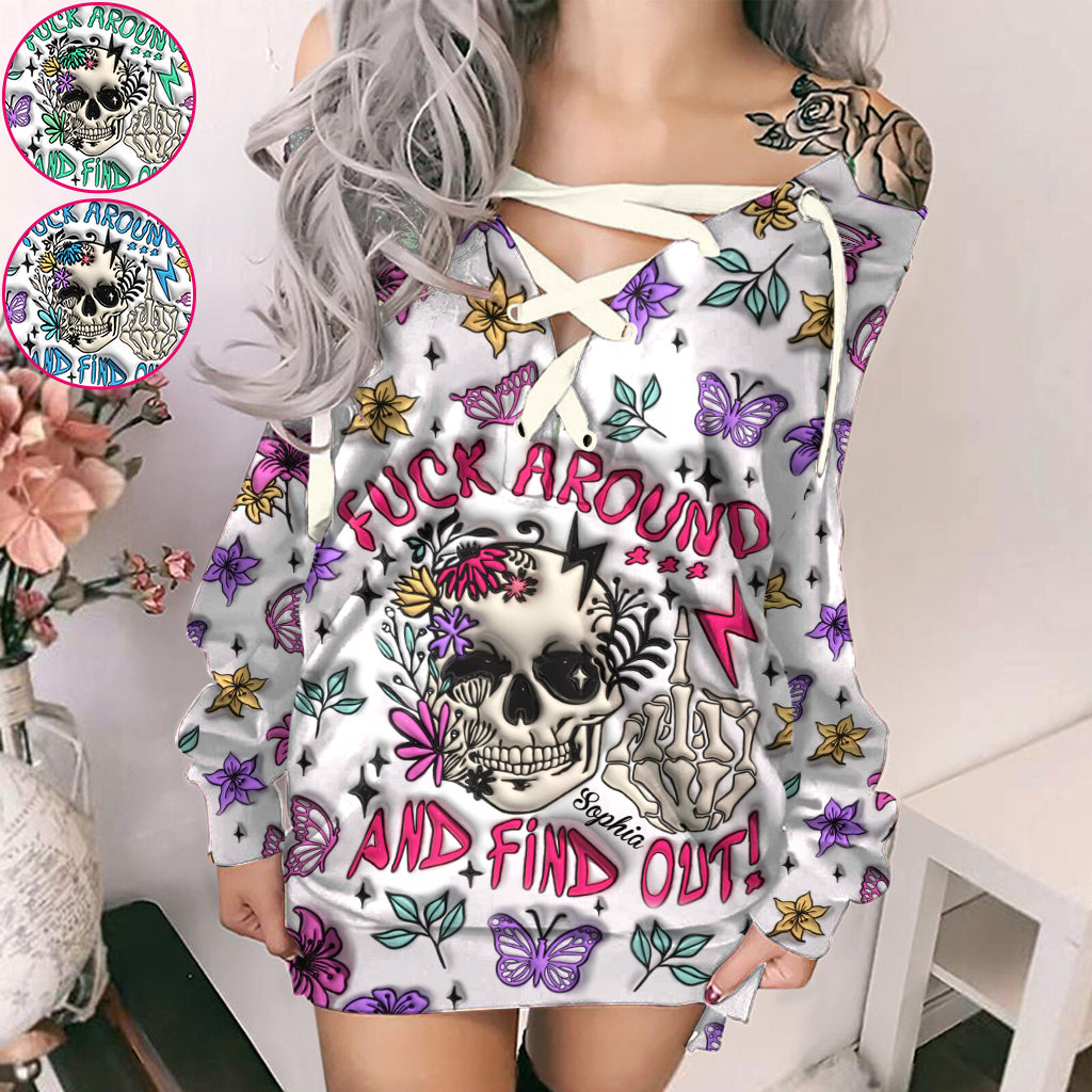 Verarsche es und finde es heraus – personalisiertes Totenkopf-Kleid mit schulterfreiem Oberteil und langen Ärmeln