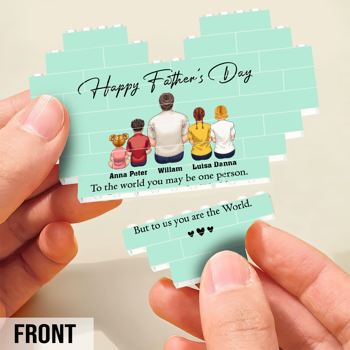 Alles Gute zum Vatertag! Bester Papa aller Zeiten – Rückansicht – Mann & Kinder – Personalisierter Vaterherz-Baustein, beidseitig bedruckt