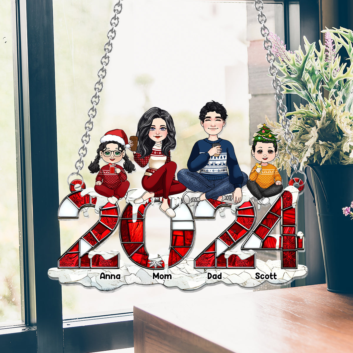 Weihnachten 2024 – Personalisierter Familien-Fensterhänger-Sonnenfänger als Ornament 