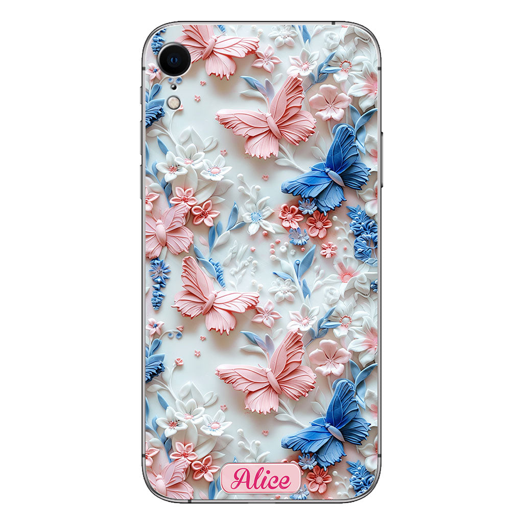 Rosa und blaue Schmetterlinge – Personalisierte transparente Schmetterlings-Handyhülle