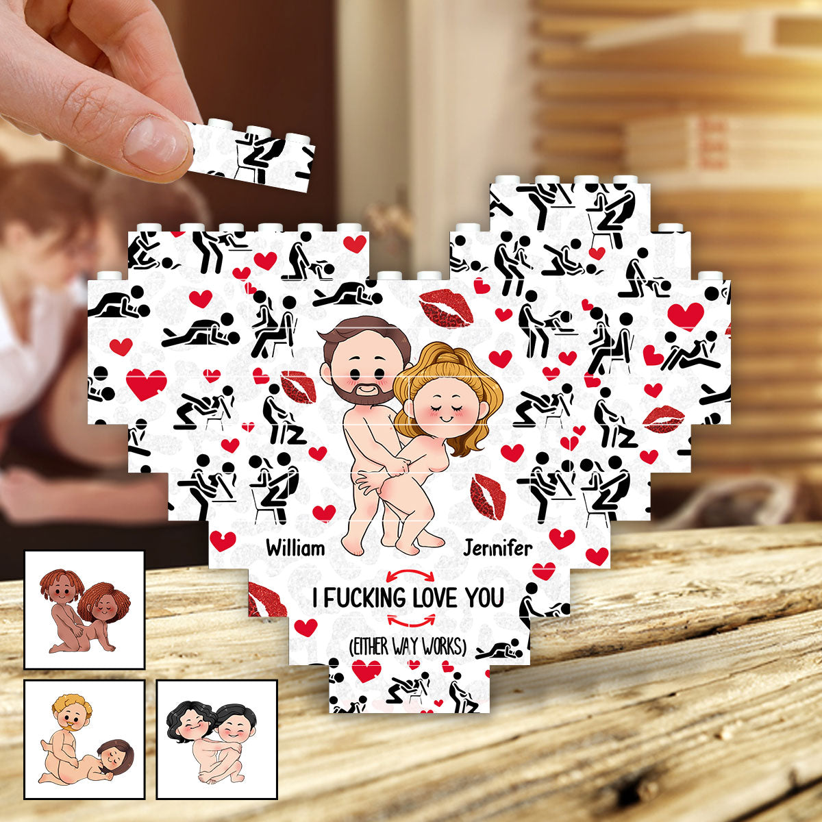 Ich liebe dich – Personalisierte Herz-Bausteine ​​für Paare, beidseitig bedruckt