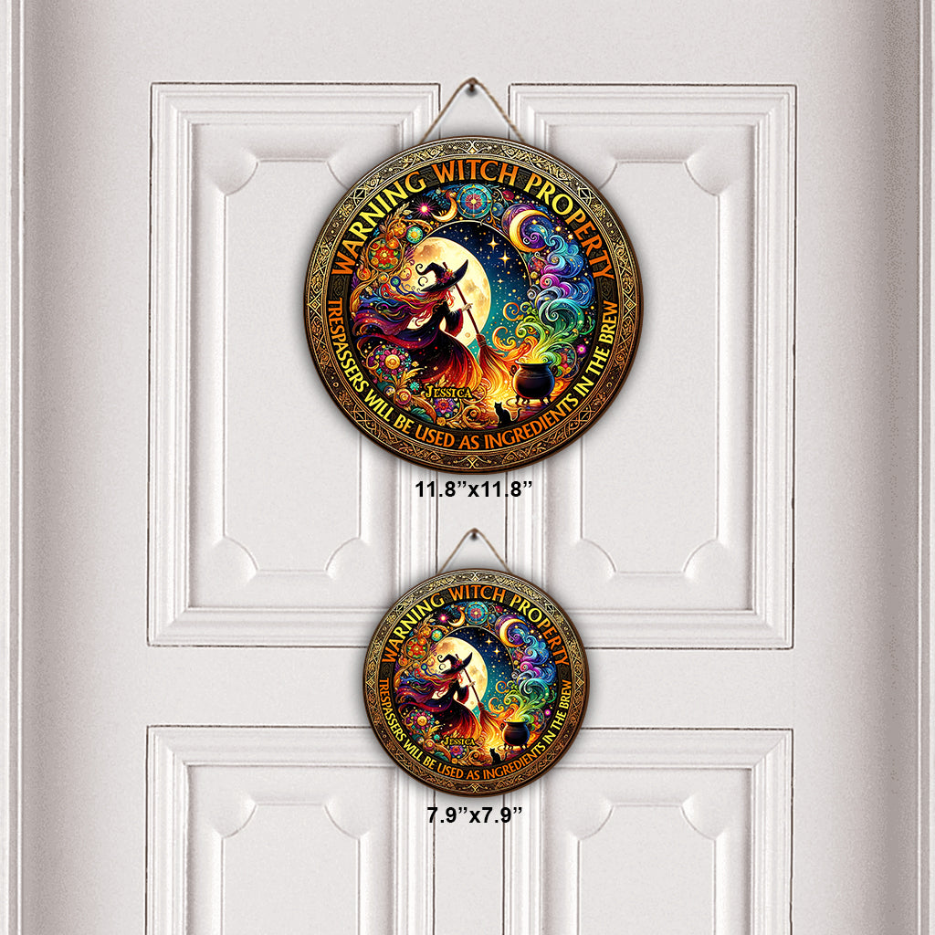 Warnung vor Hexengrundstück – Personalisiertes rundes Hexenschild aus Holz