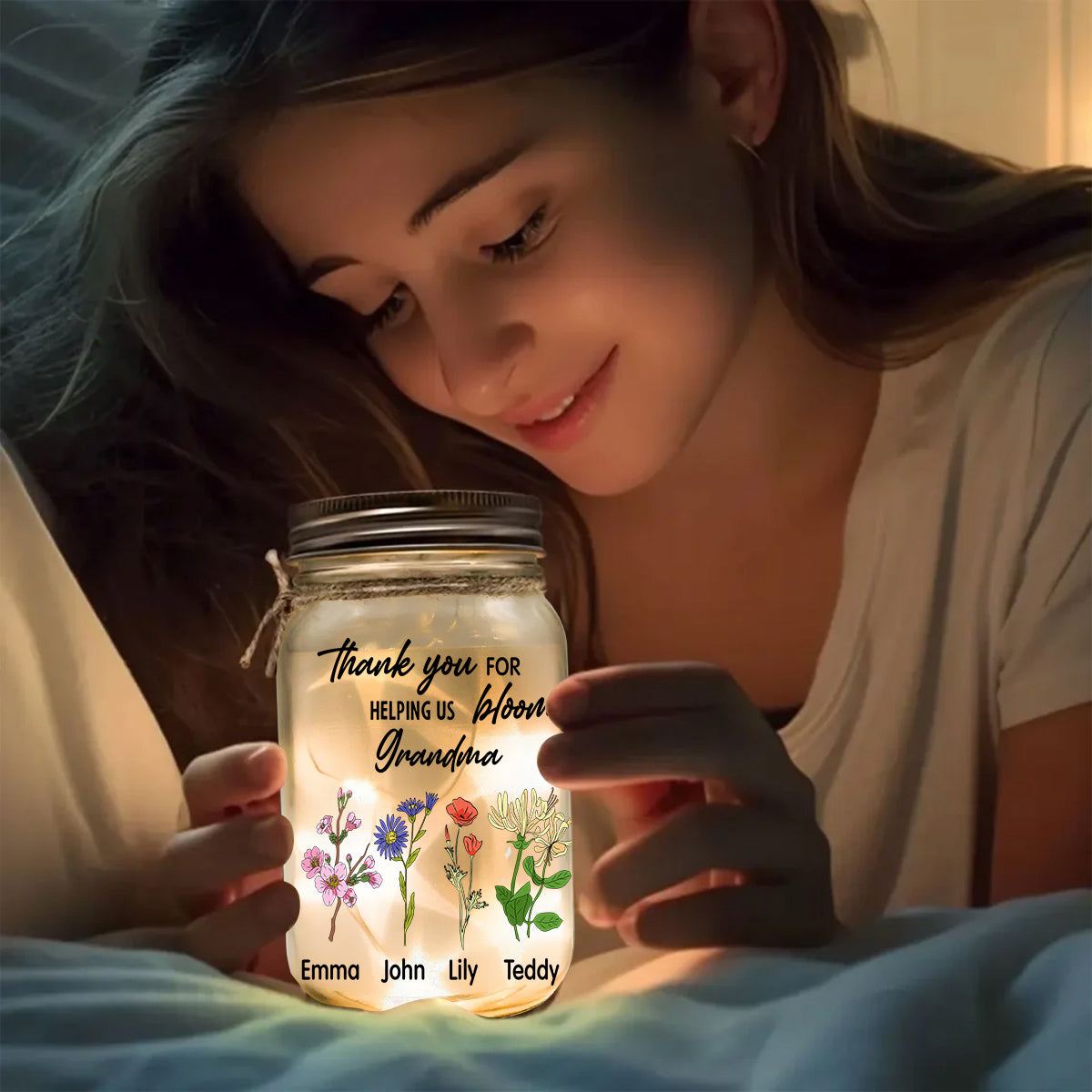 Danke, dass Sie uns beim Erblühen geholfen haben – Personalisierte Oma-Einmachglas-Lampe
