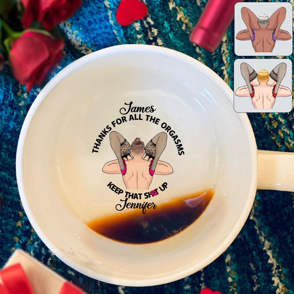 Danke für all die Orgasmen – Personalisierte Tasse für Paare mit versteckter Botschaft