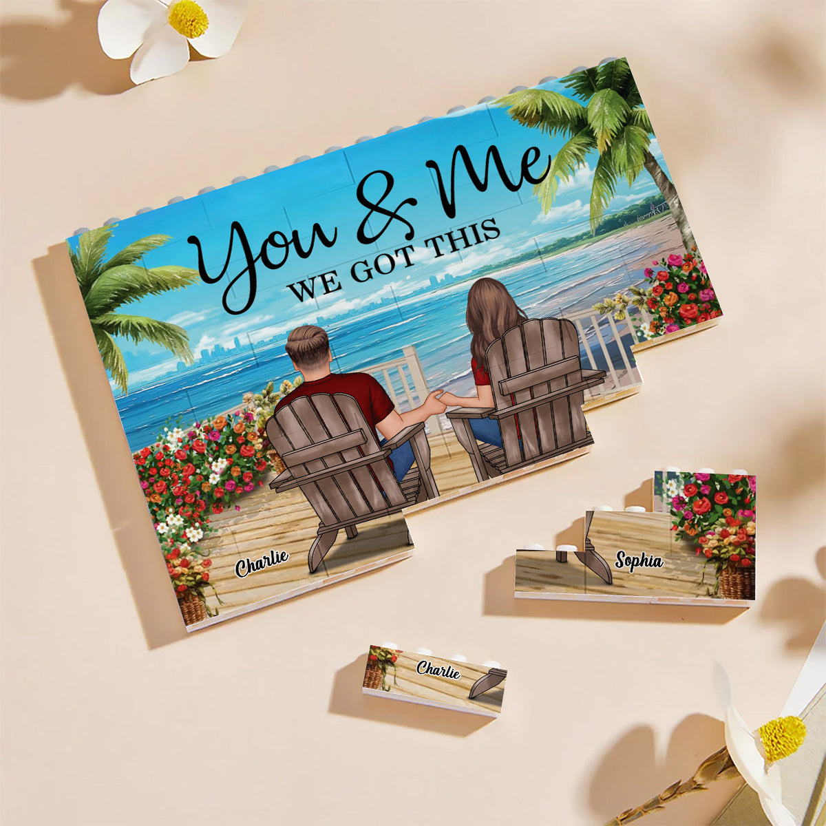 Paar-Strandlandschaft im Retro-Vintage-Stil – Personalisierte einseitige, horizontale rechteckige Bausteine ​​für Paare