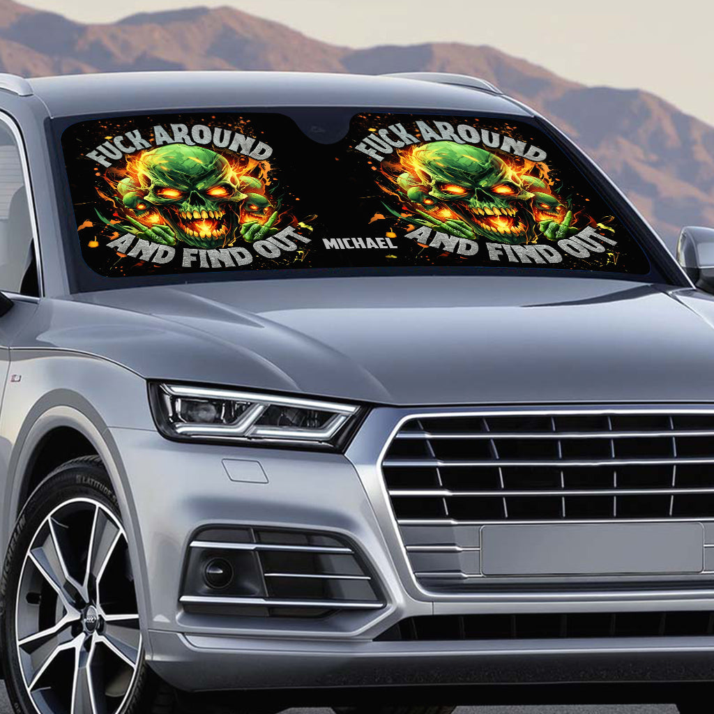 F Around And Find Out Green Fire - Personalisierte Totenkopf-Auto-Sonnenblende