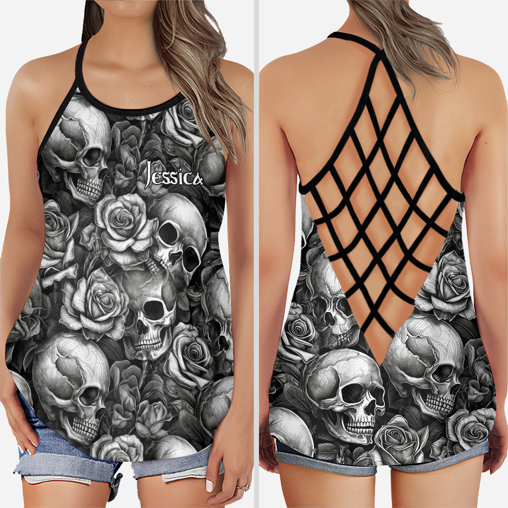 Totenkopf-Rosen Schwarz-Weiß - Personalisiertes Totenkopf-Kreuz-Tanktop
