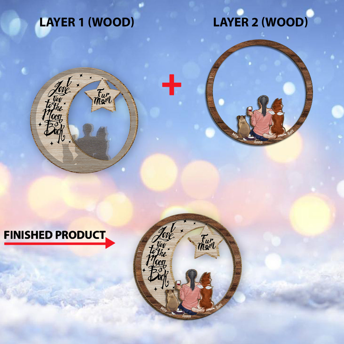 Ich vermisse dich, ich weiß, ich liebe dich bis zum Mond und zurück – Personalisiertes zweilagiges Holzschild mit Hundemotiv / Holzplakette