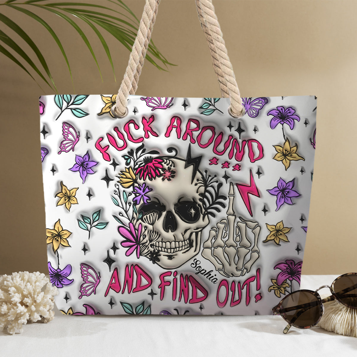 Verarsche es und finde es heraus – personalisierte Totenkopf-Strandtasche