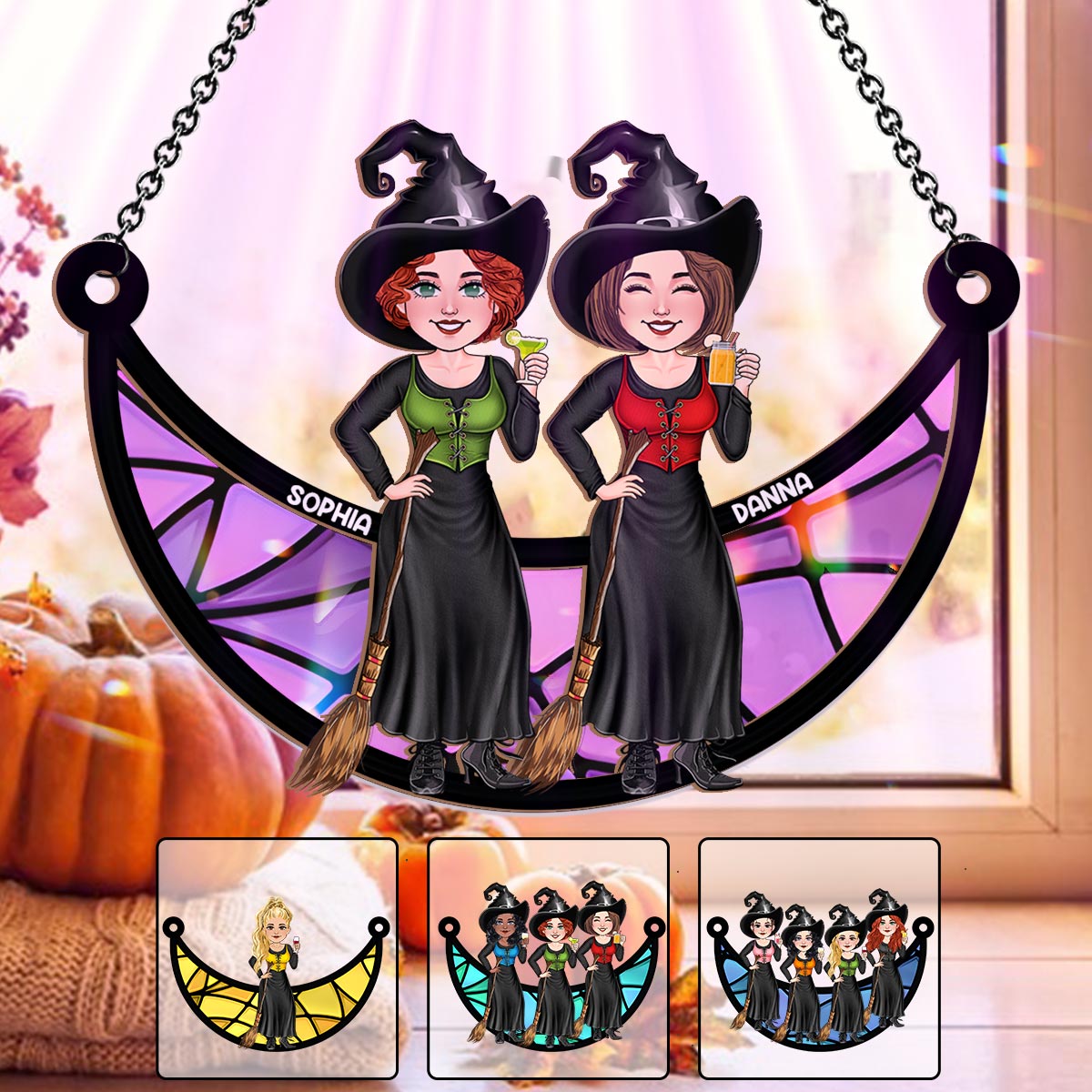 Hexen auf dem Mond – Personalisierter zweilagiger Fensterhänger für beste Freundinnen