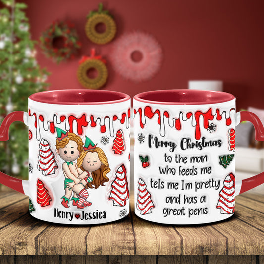 To The Man Who Feeds Me, Tells Me Pretty, And Has A Big Cock - Personalized Couple Heart Handle Mug