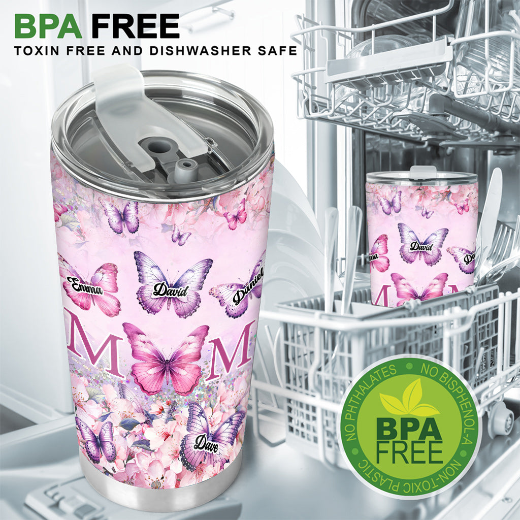 Personalisierter Mutterbecher mit rosa Blumen und Schmetterling