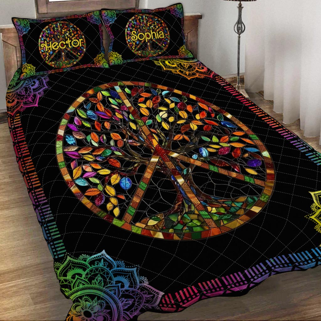 It's A Beautiful World Tree Of Life Peace Sign - Personalized Hippie Quilt Set