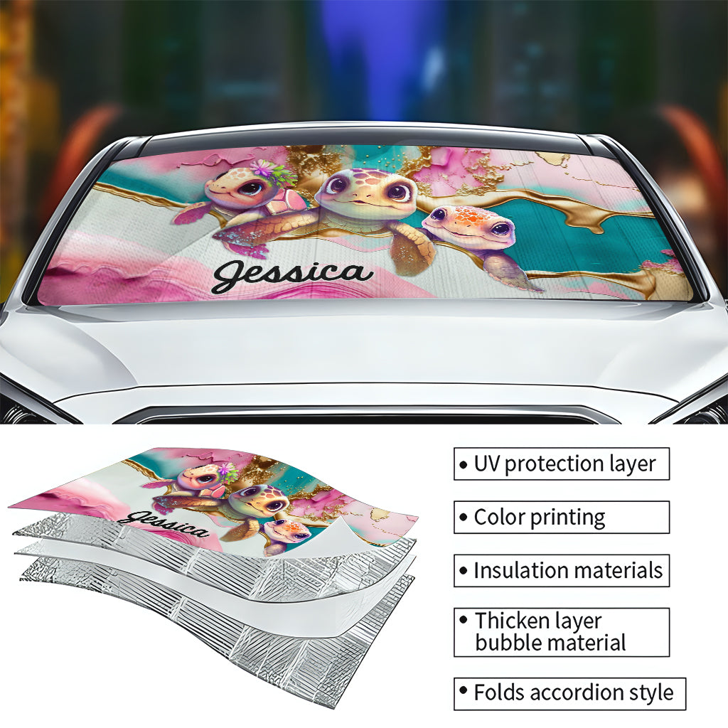 Cute Pink Turtle - Personalized Turtle Car Sunshade